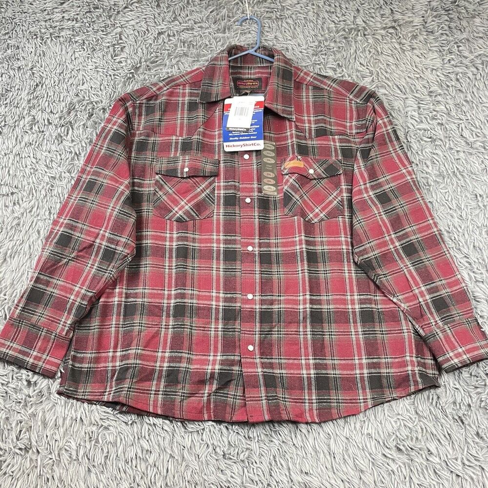 Men’s Extra Heavy Pearl Snap Plaid Flannel Outdoor Shacket Red Black Tan 2XL NWT